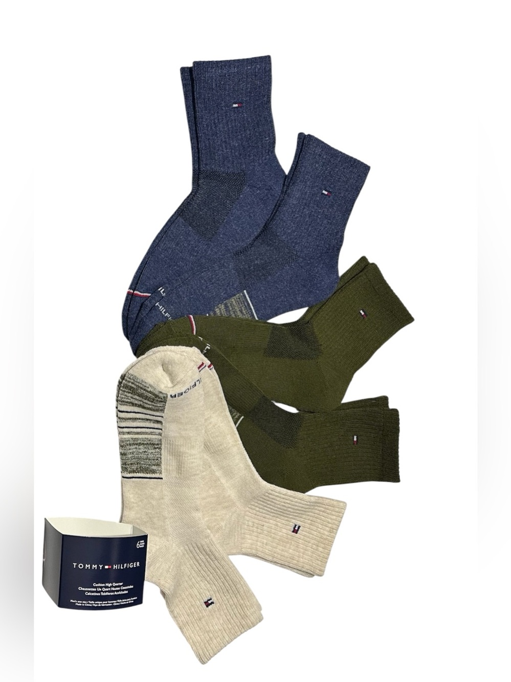 Tommy Hilfiger Men's 6-Pair Athletic Cushion High Quarter Socks Beige/Blue/Green